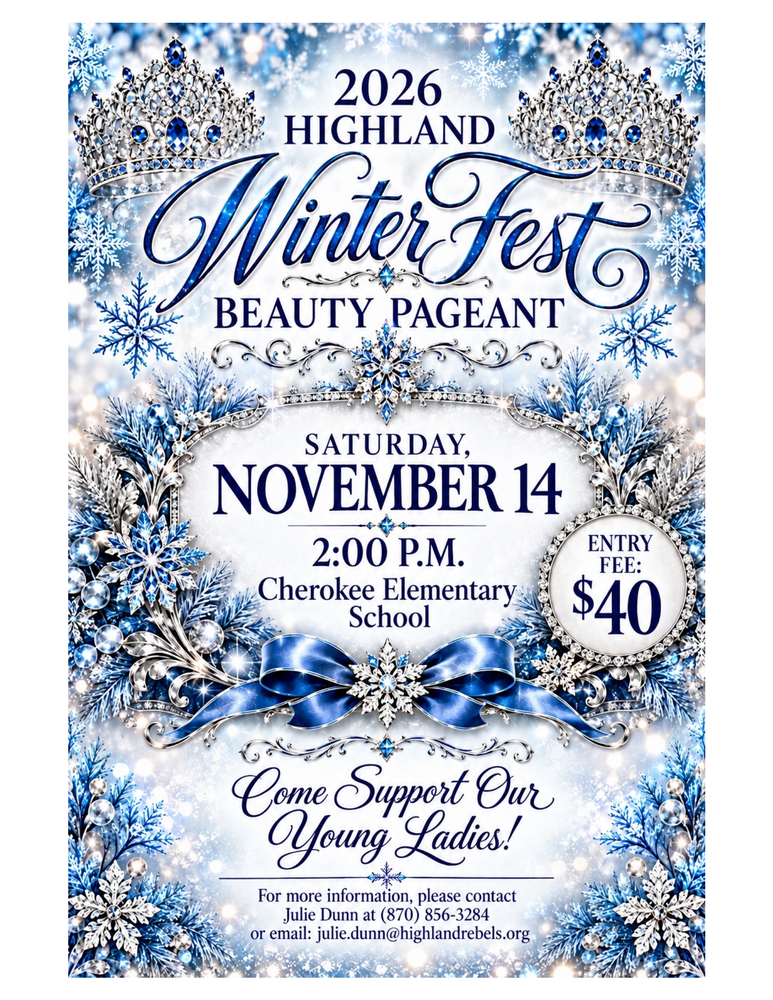 ❄️👑 HIGHLAND WINTER FEST PAGEANT! 👑❄️  Get ready for a fun and exciting event you won't want to miss! The Highland Winter Fest Pageant is coming up, and we are looking forward to a wonderful day filled with beautiful contestants, lots of smiles, and community support!  This is more than just a pageant—it's a fundraising event, and we hope our families, friends, and community members will come out to support this special occasion!  👑 Calling All Contestants! Whether you're a returning pageant participant or entering for the very first time, we would love to have you join us!  📝 Ready to register? Complete the registration form using the link below:  https://forms.gle/9wn7bpbgnznHEyEDA  🎟️ Admission Information:  Admission is $5 per person at the door on the day of the event.  Each contestant and one parent/guardian will be admitted FREE!  We encourage everyone to come out, cheer on our contestants, and help make this fundraiser a success!  ❄️👑 Mark your calendars, spread the word, and make plans to join us for the Highland Winter Fest Pageant! We can't wait to see you there!