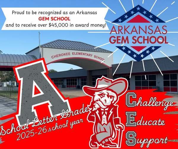 We have some exciting news to celebrate in Rebel Nation! Cherokee Elementary School received its official school letter grade today, and CES earned an A! 🌟 And the great news doesn’t stop there! CES has also been named an Arkansas Gem School and will receive more than $45,000 in reward money for its outstanding achievement! Cherokee Elementary was recognized among the top 5% for overall student growth and was also recognized for growth in both ELA and Math! These accomplishments are an incredible testament to the hard work, dedication, and commitment of our students, teachers, staff, administrators, and families. At CES, their name represents what they strive to do each and every day: C — Challenge students to reach their full potential. E — Educate with purpose, passion, and high expectations. S — Support every student along the way. This recognition reflects the work happening each and every day throughout Cherokee Elementary School to ensure students are challenged, educated, supported, and given every opportunity to succeed. Congratulations to our CES students and staff on this outstanding achievement! Rebel Nation is proud of you! ❤️🤍 C — Challenge. E — Educate. S — Support.