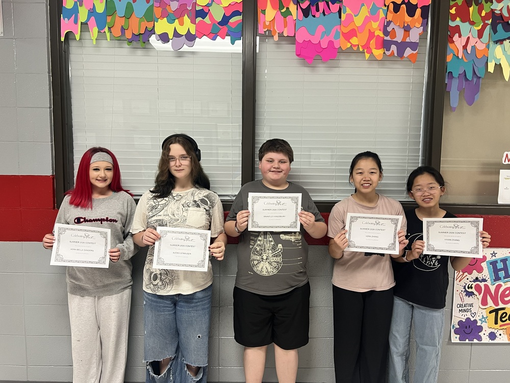 Five HMS art students have been selected for publication in the 2026 Celebrating Art Anthology! Mrs. Riggs-Self says this is the first year she has had more than one student chosen for publication. These talented students placed in the Top 45% of all student entries from across the United States. Their artwork will now move on to the next level, where they will have a chance to be selected for the Top Ten! Pictured from left to right are Aera-Bella Sanders (7th), Alexis Strauser (8th), Brantley Kingsbury (7th), Vera Zhang (7th), and Vivian Zhang (8th). Congratulations to these talented Rebels on this outstanding accomplishment!