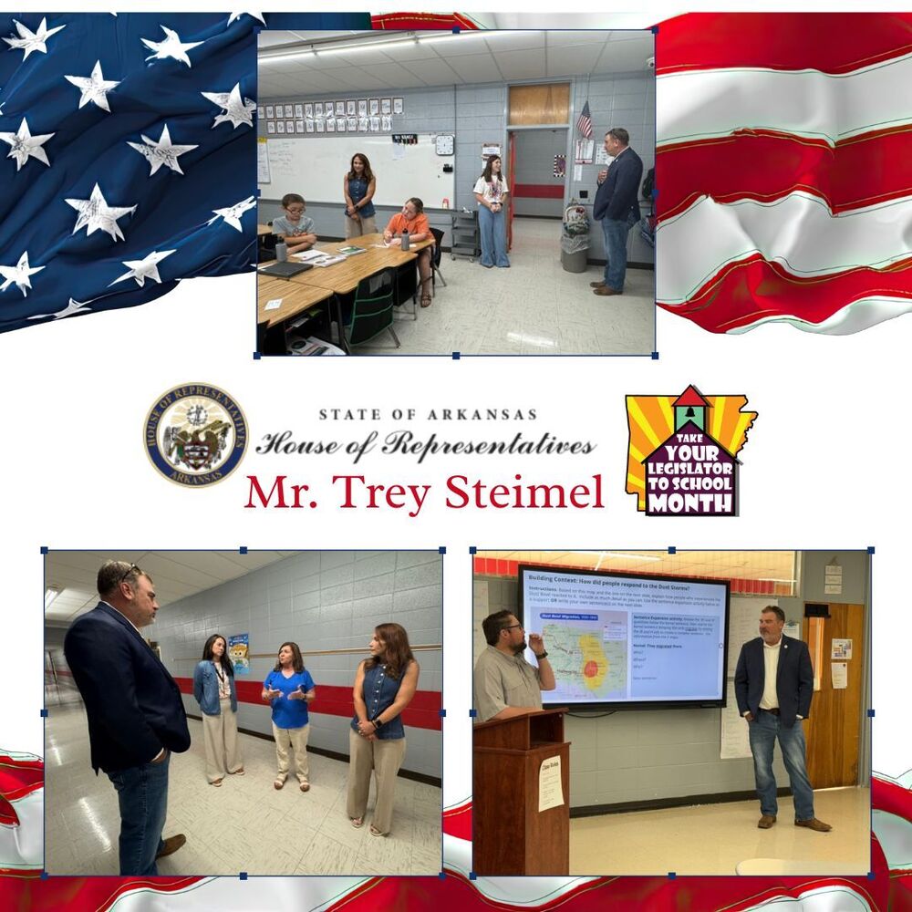 Highland School District was proud to once again welcome Arkansas State Representative Trey Steimel, who represents District 2, to our campuses! Each September, Highland School District participates in Take Your Legislator to School Month, an opportunity to invite our state representative into our schools to see firsthand the great things happening throughout Rebel Nation. These visits also give our educators and administrators an opportunity to share the programs, initiatives, and everyday work that go into providing the best possible opportunities for our students. During his visit, Representative Steimel spent time with one of Mr. Jeremiah MacDonald’s U.S. History classes at Highland High School and visited several classrooms at Cherokee Elementary School, including those of Mrs. Madison Edwards, Mrs. Candace Gilbreath, Mrs. Jessica Goodman, and Mrs. Sarah Shelley. He was able to see our students and teachers in action and learn more about what is taking place in our classrooms each day. Teachers and administrators also had the opportunity to visit with Representative Steimel about current educational initiatives, the successes we are seeing across our district, and ways our state leaders can continue supporting Arkansas schools, educators, and students. As always, Representative Steimel listened to our educators and made it clear that he is willing to be a voice for our district in Little Rock. We appreciate Representative Steimel’s continued partnership with Highland School District and his willingness to spend time in our schools, listen to our educators, and learn more about the work happening across Rebel Nation. We always enjoy welcoming him to our campuses and appreciate his continued support of our students, staff, and community!