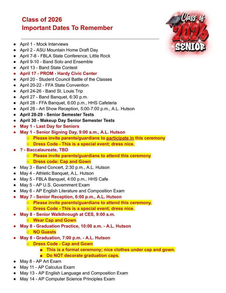 SENIORS - IMPORTANT DATES