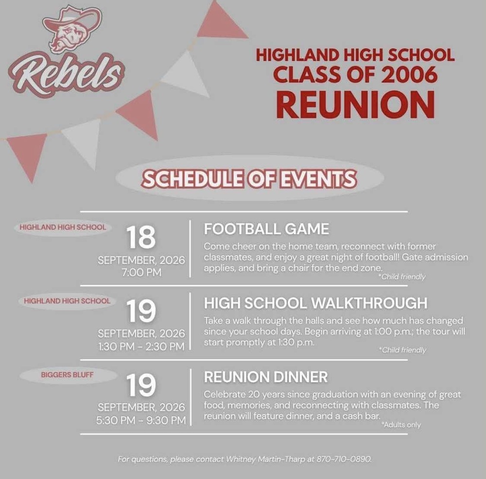 🎓 HHS Class of 2006 — it’s time to celebrate your 20th Reunion!  Your classmates have a fun weekend of activities planned, and we hope you can join us the weekend of September 18th to reconnect, reminisce, and celebrate 20 years!  Come catch up with old friends and help us cheer on the Rebels at Rebel Memorial Field! ❤️🤍  For more information or questions about the reunion weekend, please contact Whitney Martin-Tharp at 870-710-0890.  We hope to see the HHS Class of 2006 back in Rebel Nation!