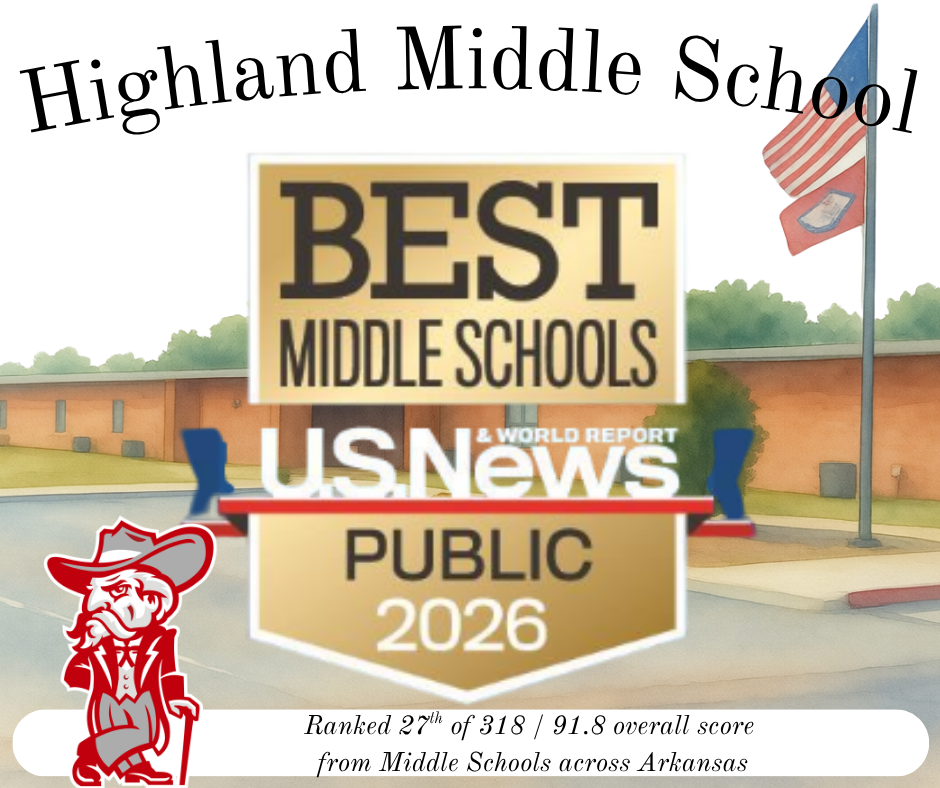 We are proud to share that Highland Middle School has been ranked #27 among Arkansas Middle Schools by U.S. News & World Report!  Schools are ranked based on their performance on state-required tests and how well they prepare students for success at the next level. Highland Middle School received an impressive overall score of 91.8 out of 100 — quite an accomplishment!  This recognition reflects the hard work and dedication of our students, teachers, staff, and families. At HMS, we continue to strive for excellence each day, and we are incredibly proud to see those efforts recognized at the state level.  Congratulations, Highland Middle School! Another great example of Rebel Nation working together to Empower All to Achieve! ❤️🤍