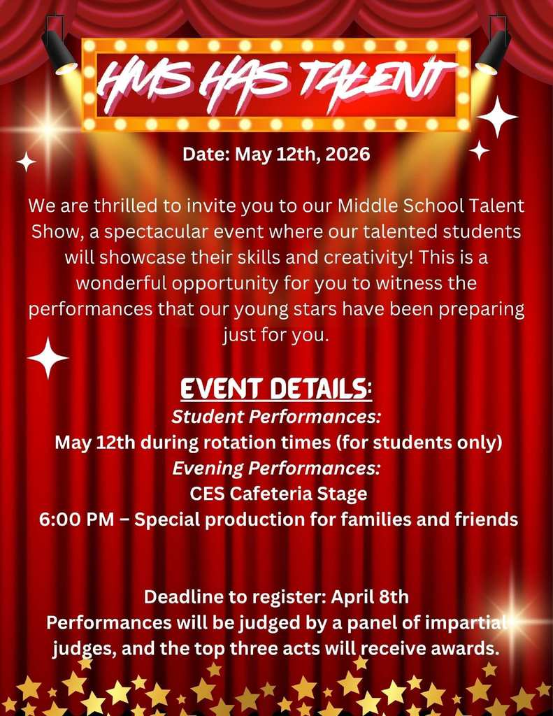 HMS is proud to present “HMS Has Talent” on May 12, 2026! ❤️🤍🩶  Our talented students—both individuals and groups—are ready to take the stage and showcase their creativity for our families and community.  The HMS Talent Show will take place on May 12 at 6:00 PM at Cherokee Elementary on the cafeteria stage. All are invited to join the fun! HMS Student Council will be selling drinks and popcorn.  We hope to see you there for a night of great entertainment! 🎤✨