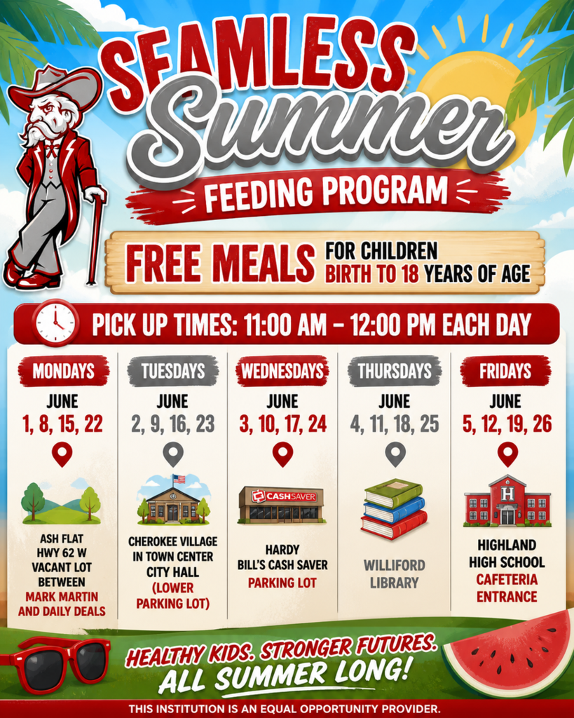 The Highland School District is excited to once again provide free meals to children through the Seamless Summer Feeding Program!  Throughout the month of June, all children from birth to age 18 can receive free meals at various locations across the district. Be sure to watch for our big red food truck as it travels throughout Rebel Nation, bringing nutritious meals directly to our communities.  We are also planning to continue meal service during the month of July. Additional information regarding July meal schedules and locations will be shared at a later date.  We look forward to seeing our students and families this summer!