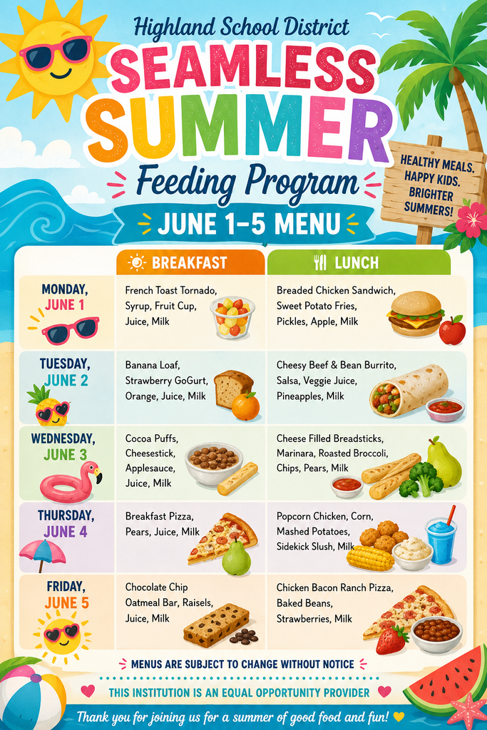 Here's our menu this week for the food truck!  Catch us around the district at our feeding locations from 11-12 each day! 