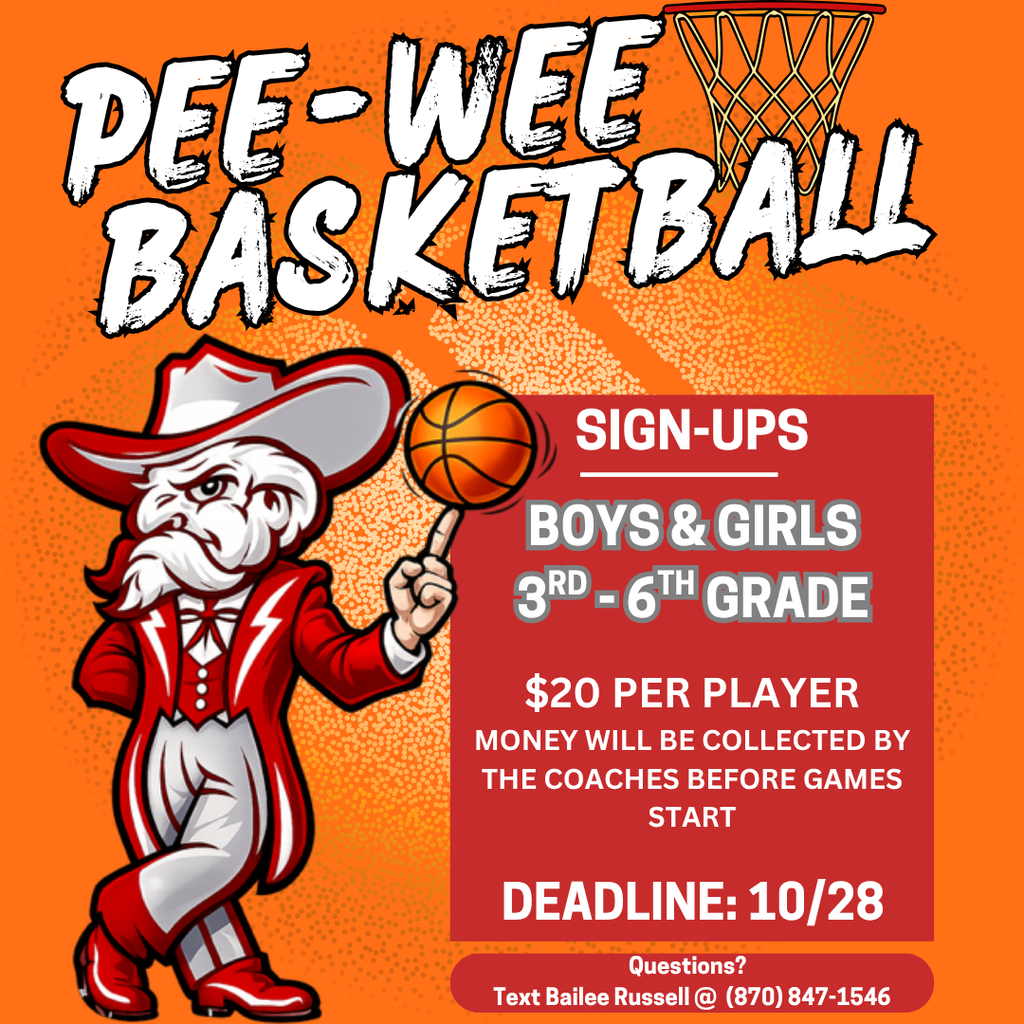 🏀 Pee Wee Basketball Sign-Ups Are Underway! 🏀 Registration is now open for Pee Wee Intramural Basketball for boys and girls in 3rd–6th grades! 🏀 Registration Deadline: October 28 🏀 Cost: $20 per player The registration fee will be collected by coaches before games begin. If you have any questions, please contact Bailee Russell by text at 870-847-1546. Don't miss out on a fun season of basketball! 🏀