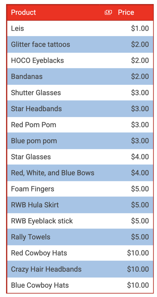 price sheet