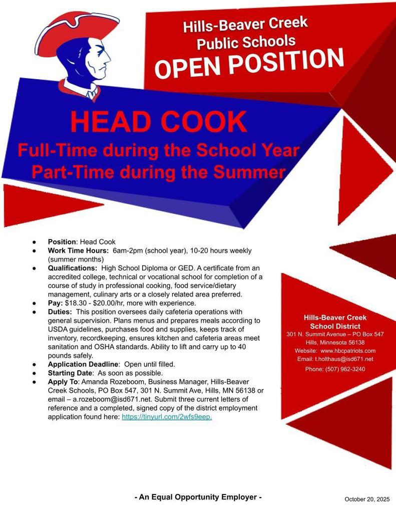 Head Cook Opening 25 26