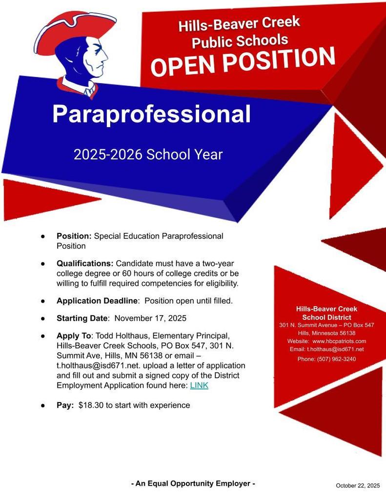 HBC Paraprofessional Opening 25-26