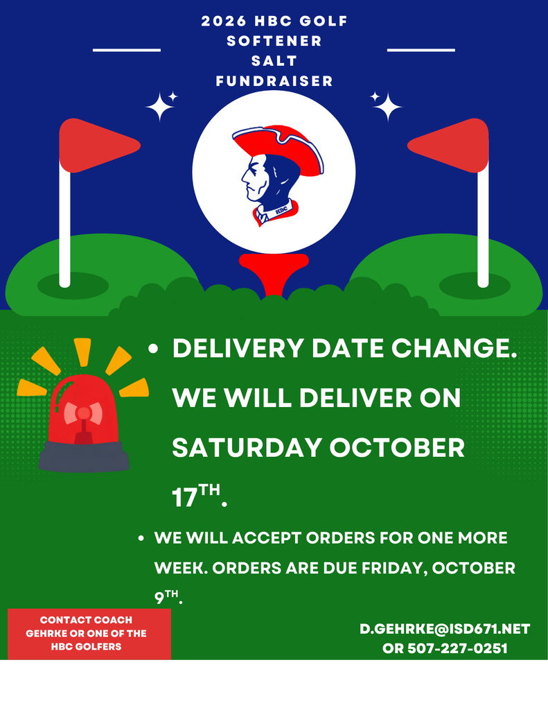 Poster for 2026 HBC Golf Softener Salt Fundraiser. Delivery on Saturday, October 17th. Orders due Friday, October 9th. Contact Coach.
