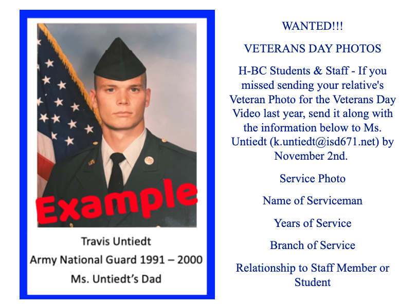 Poster with blue border displays an image of a man in a military uniform. Text reads "Wanted!!! Veterans Day Photos" and provides instructions for submitting photos.