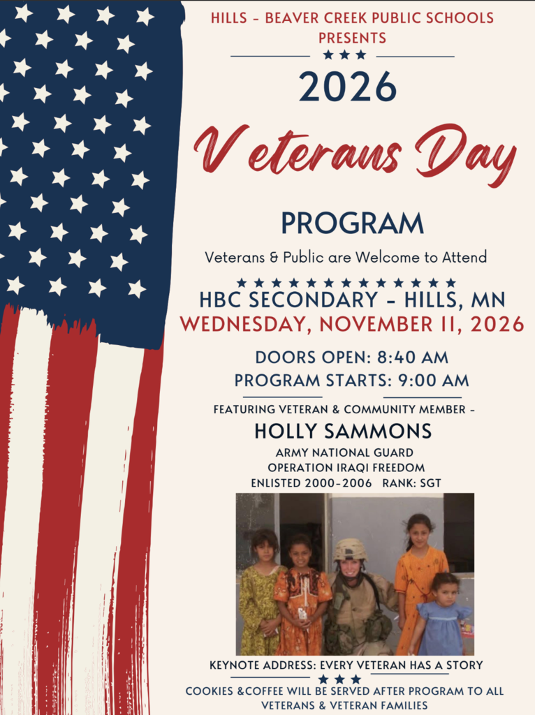 Red, white, and blue poster for Veterans Day program. American flag on left. Information on right, including date and program start time.