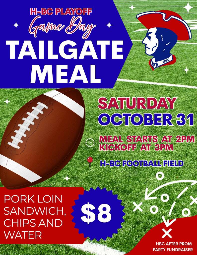 Poster on field with football, text, logo. Football meal: pork loin, sandwich, chips, water. Kickoff 3pm.