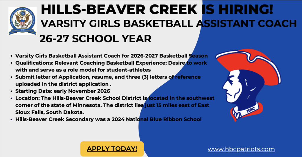 Job posting for 2026-2027 varsity girls basketball assistant coach. Text, blue and white background, logo with mascot, and red hat.