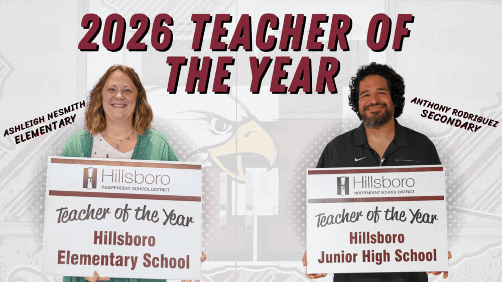 2026 Teacher of the Year with pictures of Ashleigh Nesmith & Anthony Rodriguez