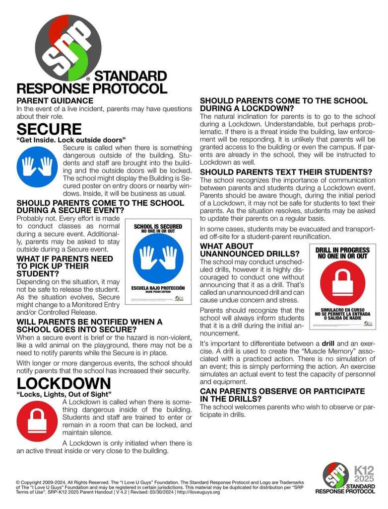 Images of the PDF Files showing the ILoveYouGuys Foundation Standard Response Protocols and Parent Guidance pages.