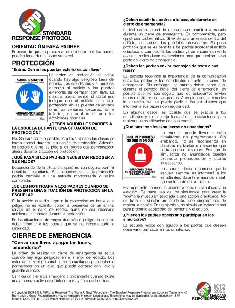 Images of the PDF Files showing the ILoveYouGuys Foundation Standard Response Protocols and Parent Guidance pages.