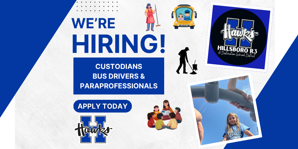 Hillsboro R3 School District is hiring Custodians, Bus Drivers and Paraprofessionals. Please apply or share with someone who is interested. 