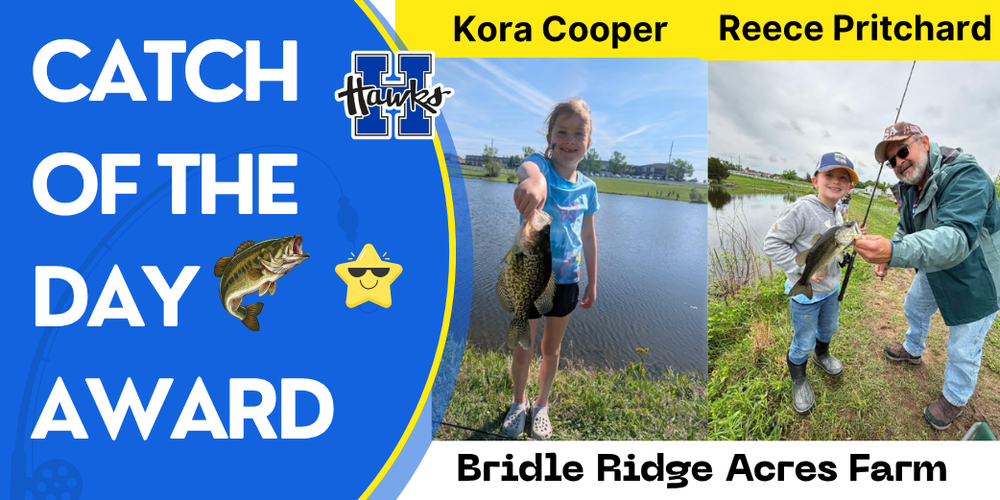 Kora Cooper and Reece Pritchard hold fish they caught at Bridle Ridge Acres Farm.