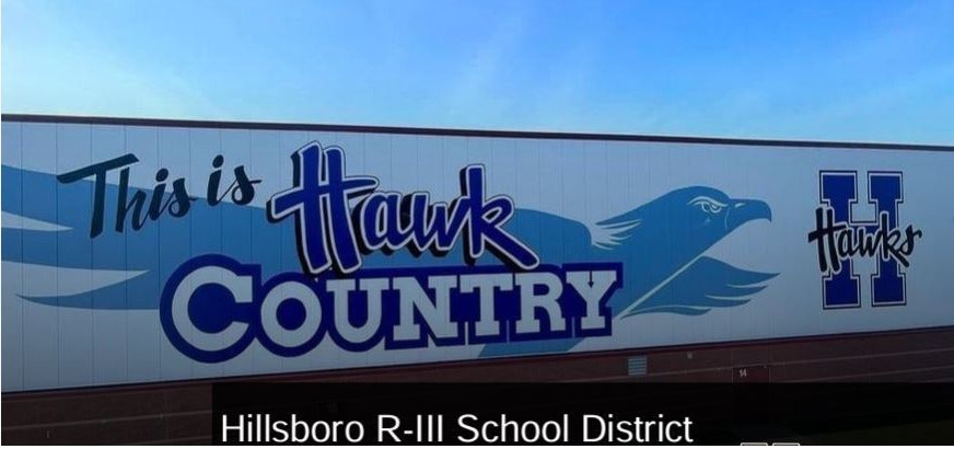 Picture of the side of the high school building. Mural says "This is Hawk Country"