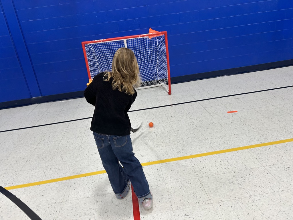 A student shoots the "puck" through the goal during a visit from the St. Louis Blues Street Team.