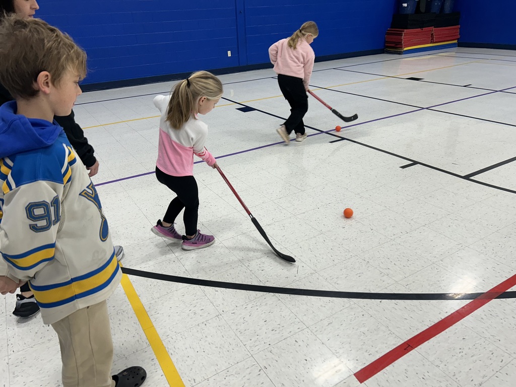 A student in a Blues jersey watches to other students learning how to handle a hockey "puck" during a visit from the St. Louis Blues Street Team. 