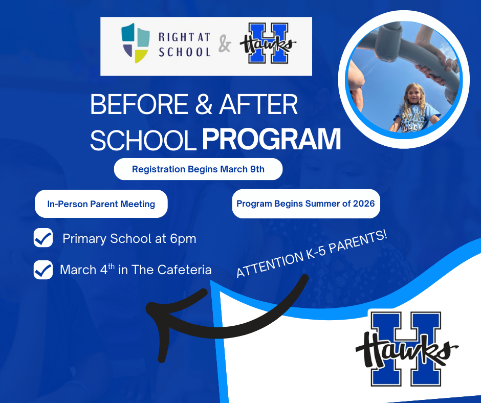 Right at School and Hillsboro Hawks Logo telling people an in-person meeting takes place on March 4th at the Primary School