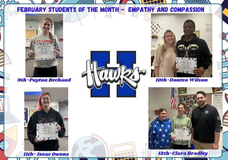 February 2026 Students of the Month- Empathy and Compassion. Payton Bechaud, Dontez Wilson, Isaac Owens, and Clara Bradley.