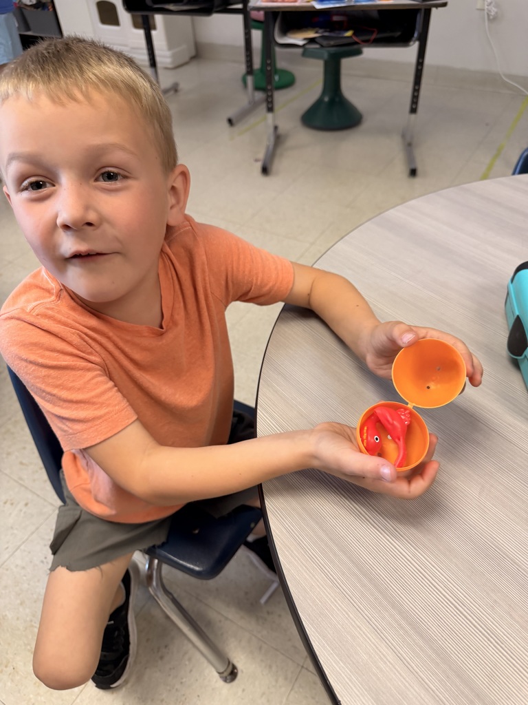 Student holding an easter egg with a toy baby chick inside