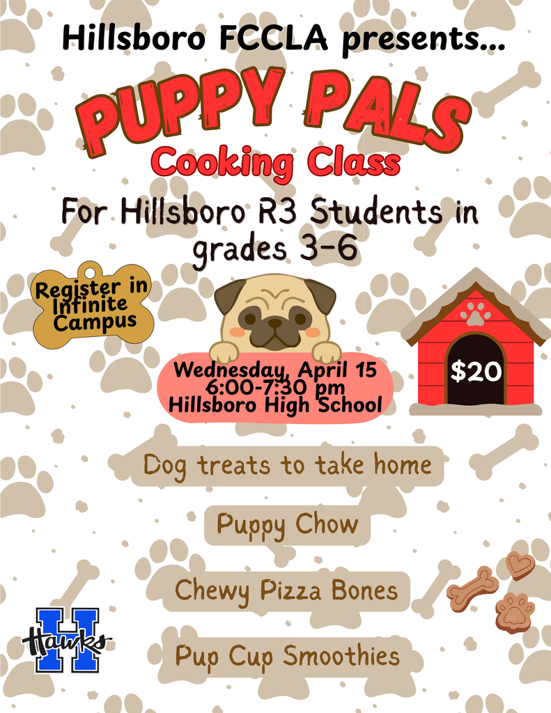 Hillsboro FCCLA Presents: Puppy Pals Cooking Class For Students in Grades 3-6. Register in Infinite Campus