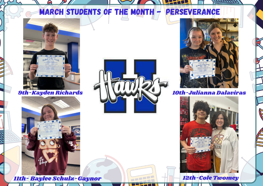 March Students of the Month. Kayden Richards, Juliana Dalvarias, Baylee Schulz-Gaynor and Cole Twomey.