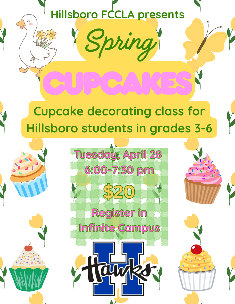 Spring Cupcake Class for students in grades 3rd-6th. Register for the April 28th Class on Infinite Campus. Cost is $20.