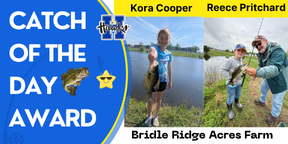 Kora Cooper and Reece Pritchard hold fish they caught at Bridle Ridge Acres Farm.