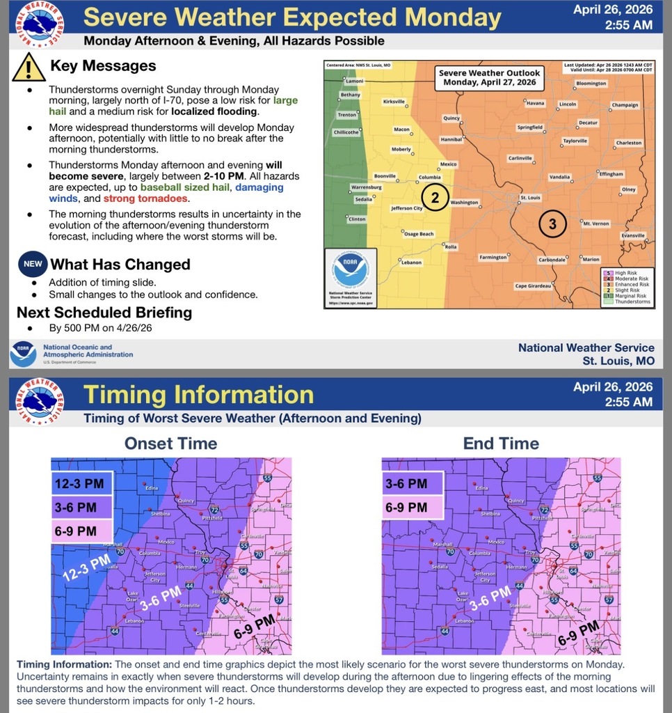 Severe weather expected on Monday, April 26th.