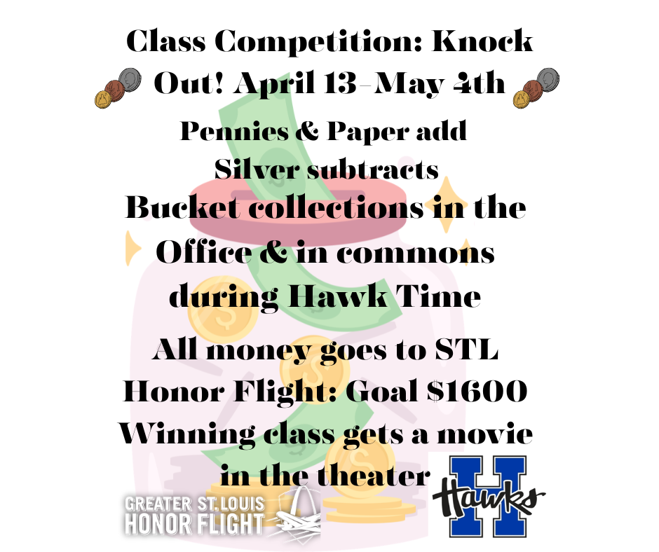 Raising money for the Honor Flight in buckets sitting in the office and commons area during Hawk Time. Goal is to raise $1,600.
