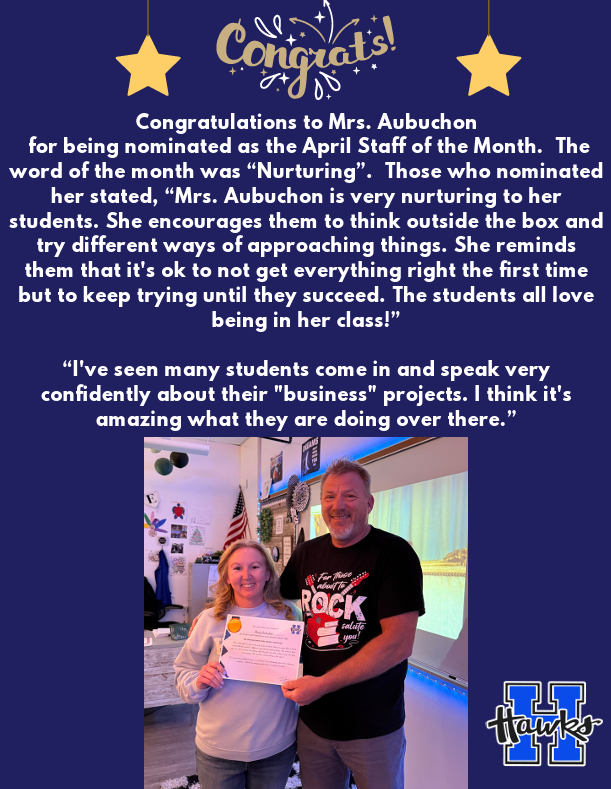 image is of Mrs. Aubuchon and Mr. Groner holding an award for April Staff Member of the Month at Hillsboro High School.
