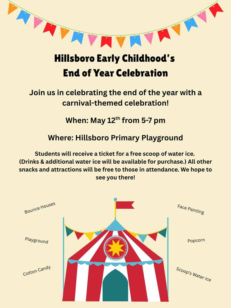 Join us May 12th from 5pm to 7pm at the Hillsboro Primary Playground for the end of the year celebration