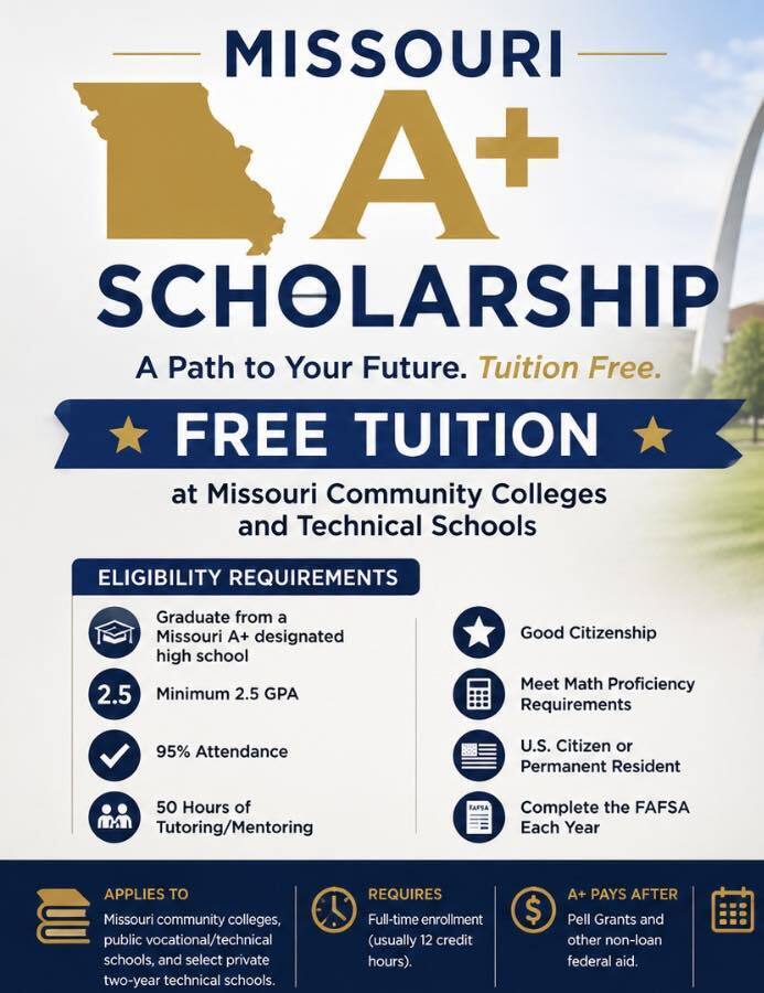 Missouri A+ Scholarship logo . Free Tuition to Missouri Community Colleges and Technical Schools.