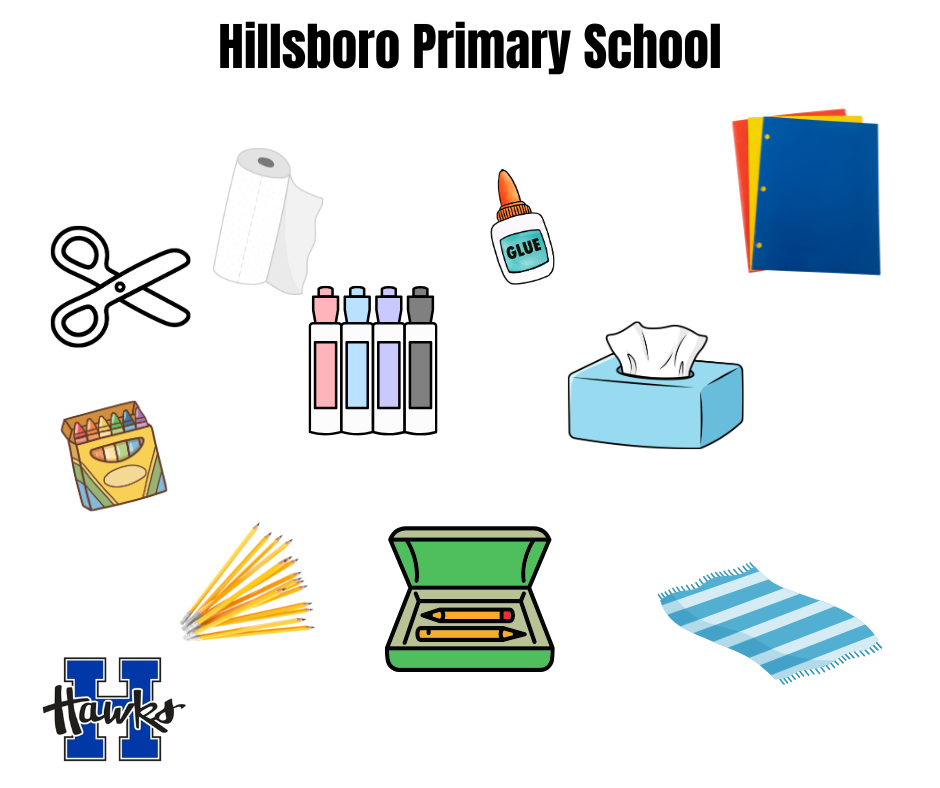 Image of several Kindergarten and 1st grade Primary School items on the Supply list items
