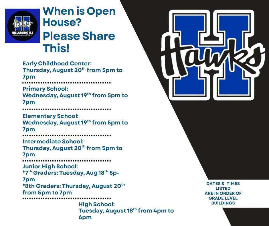 Open House Dates for all schools.