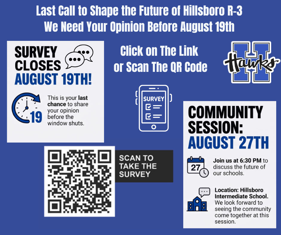 Last Call to Shaot The Future of Hillsboro R-3. We Need Your Opinion Before August 19th. Click on the link in this post to take the survey. Our next Community Session will happen on August 27th at 6:30 at the Intermediate School