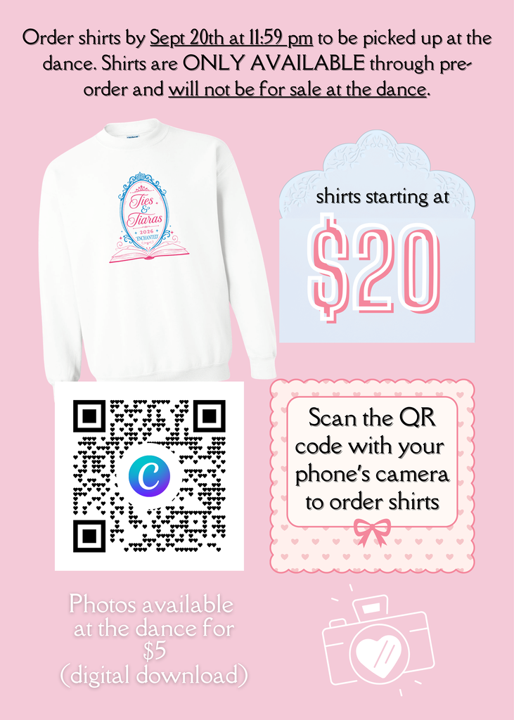 There is a link in this post where you can order shirts by September 20th at 11:59pm. Pick up the shirts at the dance. Shirts are only available through pre-order and will not be available at the dance. 