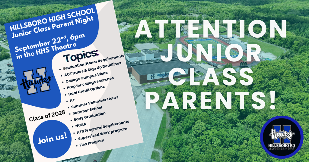Attention Junior Class Parents! September 22nd at 6pm in the High School Theatre. You'll want to come and see about graduation and honor requirements, act dates, college campus visits, prep for college searches, dual credit options, a+ program info, summer volunteer hours. Be there at 6pm on September 22nd.
