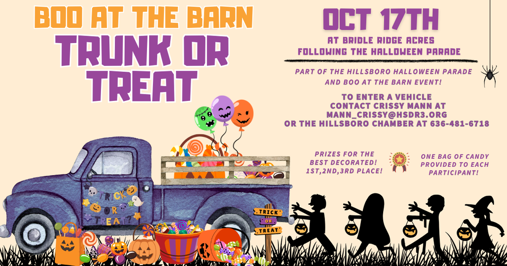 Boo at the barn trunk or treat at bridle ridge acres following the halloween parade on October 17th. Email mann_crissy@hsdr3.org.