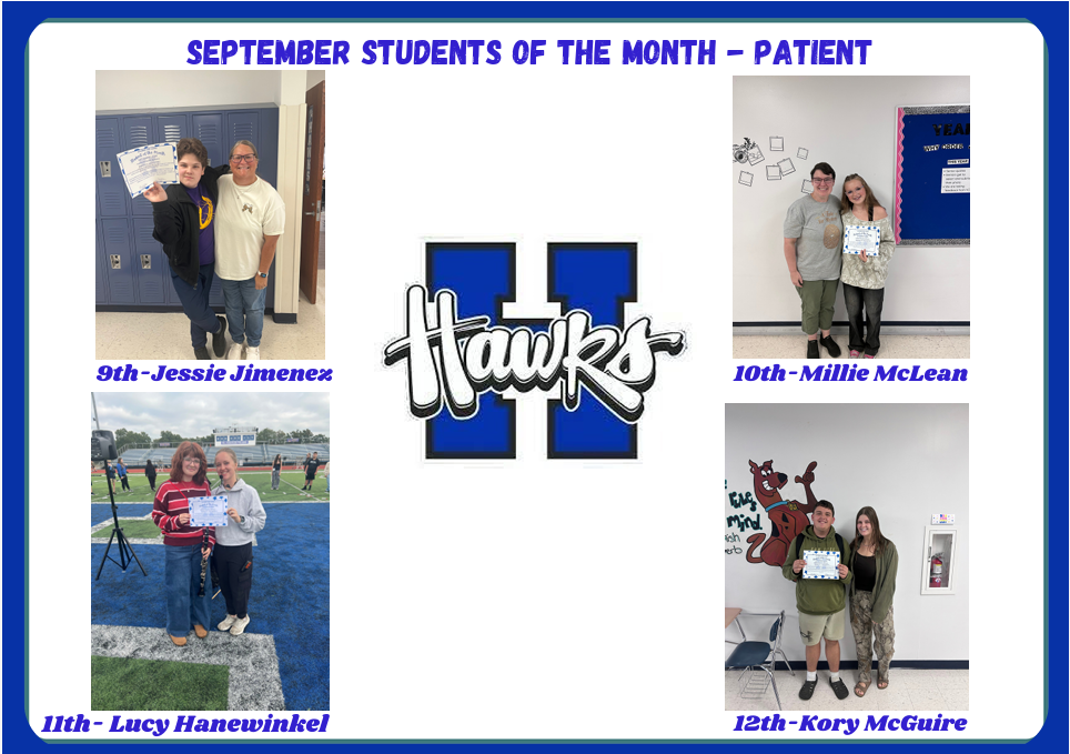 images of our september students of the month. The word of the month is "patient"