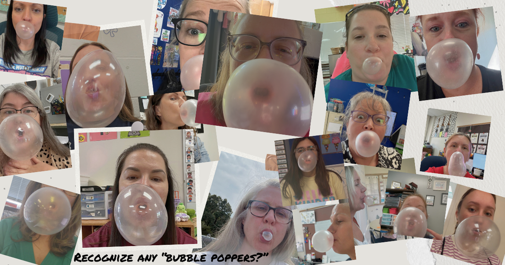 Image is of several staff members at Hillsboro Primary School popping bubbles with bubble gum.