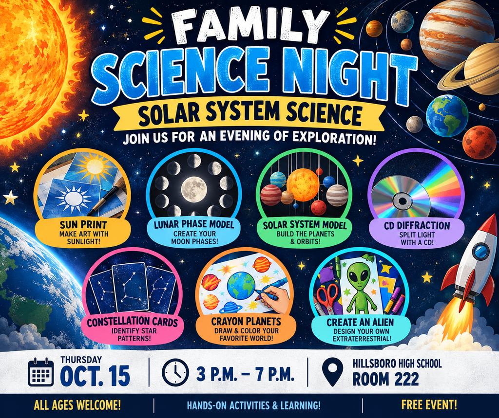Family Science Nigh Solar System Science. Thursday, October 15th from 3pm to 7pm. Free Event at the High School in Room 222.