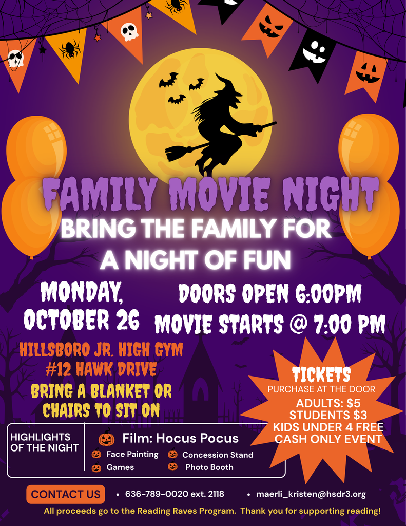 Family Movie Night. Bring the family for a night of fun. Monday, October 26th. Doors open at 6pm and the movie starts at 7pm. Adults are $5 , Students are $3 and kids under 4 are free. This is a cash only event. We will be showing the film, Hocus Pocus.