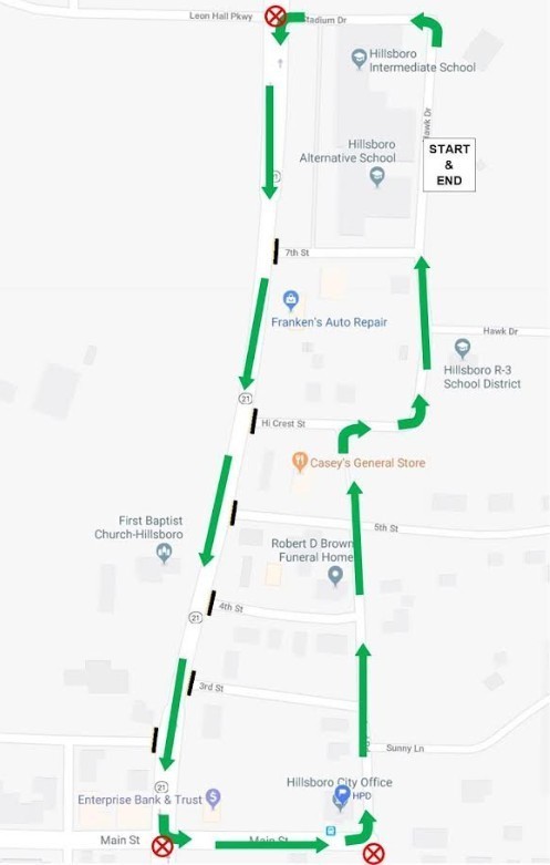 Christmas Parade Route shows it starts along Hawk Drive to left on Stadium Drive and then left on Highway 21 South to left on Main Street.